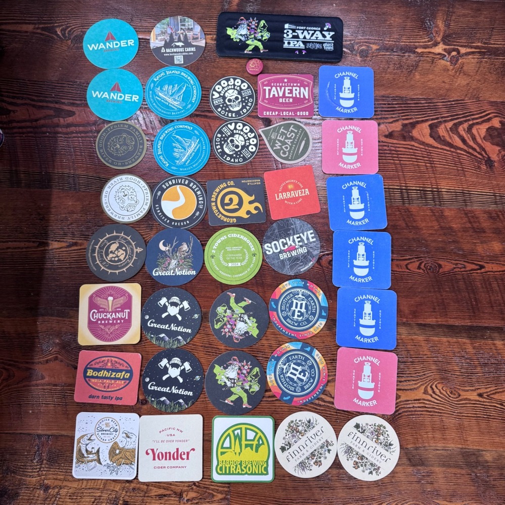 Various Beer Coasters Snap Can Koozie Pin Lot 38pc Multicolor PNW Craft Brewery